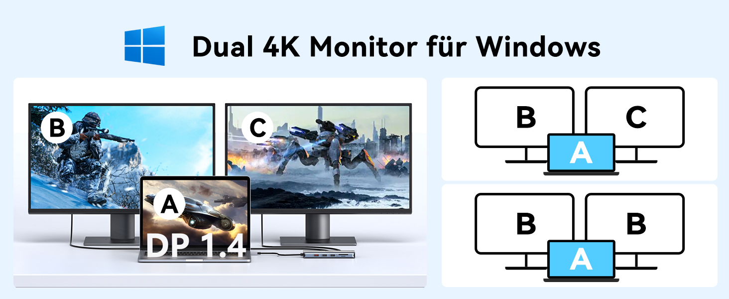 Док-станція USB-C з підтримкою 2 моніторів, 4K HDMI, DisplayPort, USB3.1, RJ45, 100W PD, кардридер, аудіо/мікрофон, для ноутбуків Dell HP (сірий)