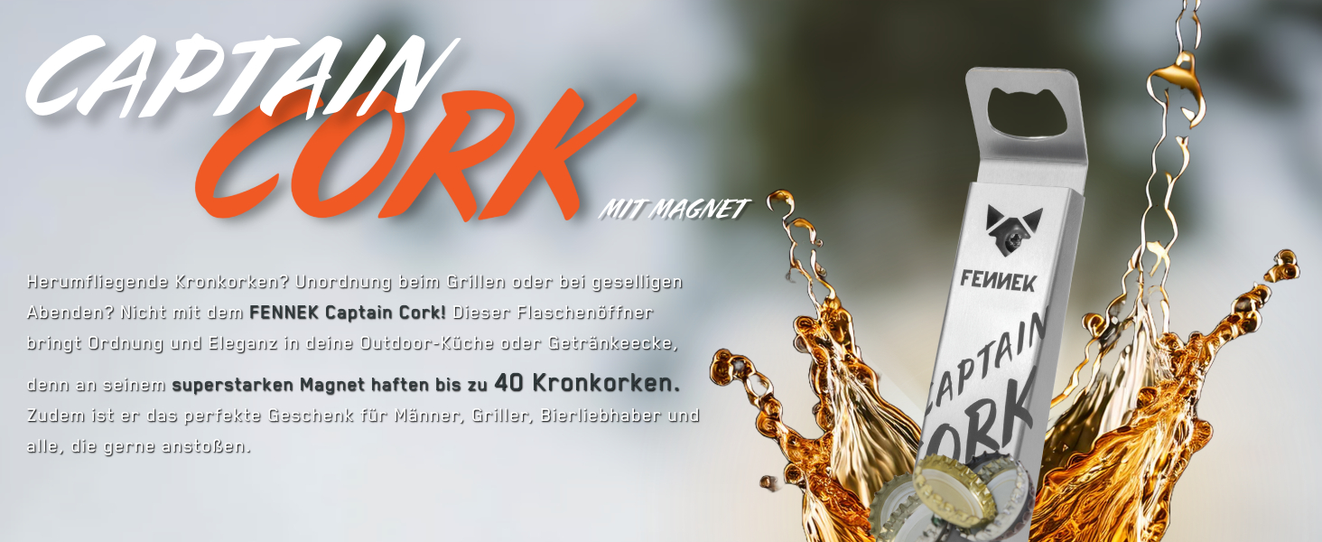 FENNEK Captain Cork | Bottle Opener | Integrated, super-strong magnet for up to 40 bottle caps | Easy mounting with adhesive tape or screws | made of stainless steel | Made in Germany