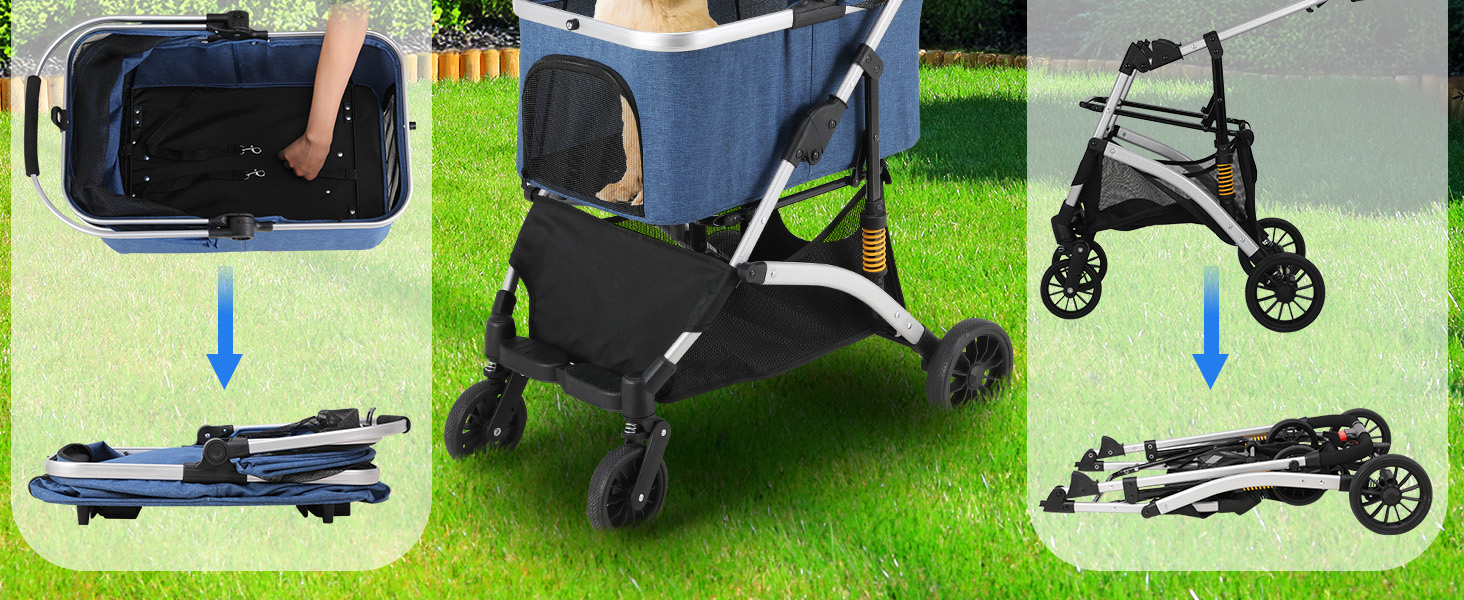 Візок для собак Mamizо 3-в-1: візок, переноска, сумка, до 20 кг, з відкидною конструкцією, 360° колеса, колір срібно-блакитний