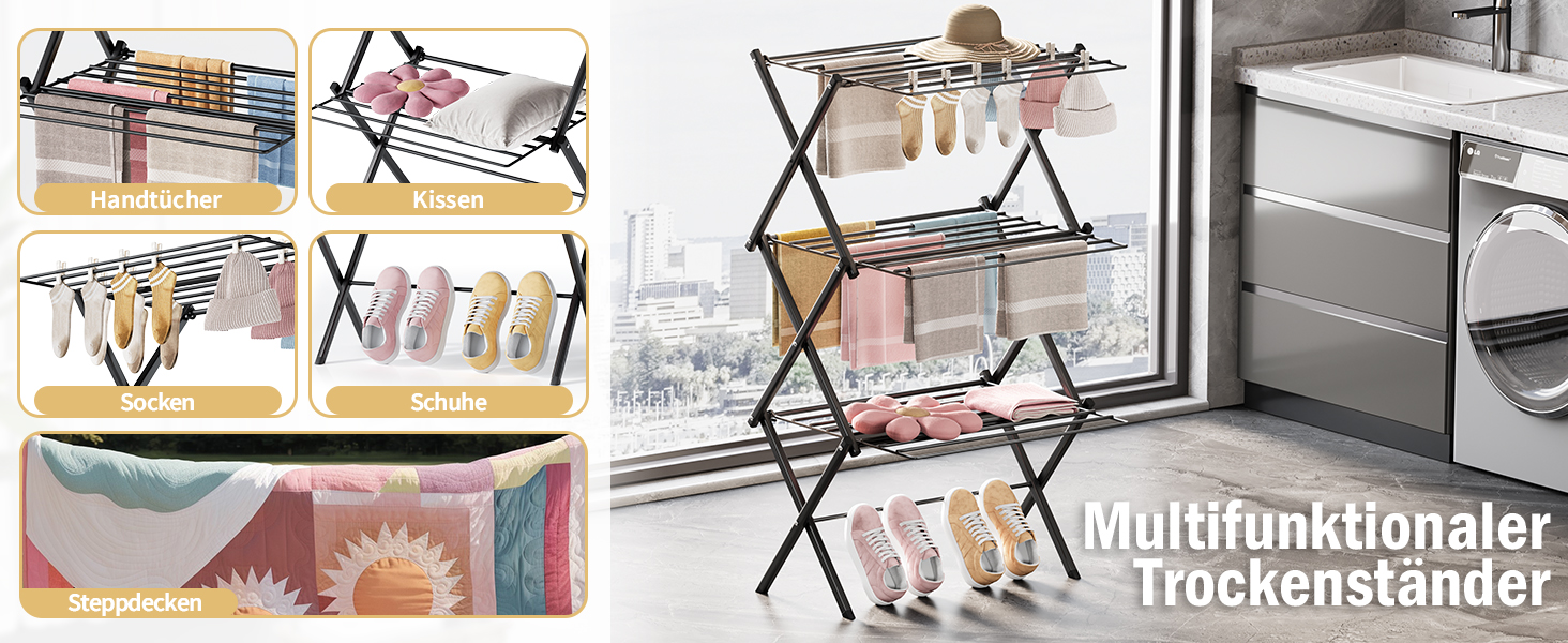 Складаний сушарка для білизни сталева багатоярусна, чорна - зручна та містка для швидкого сушіння