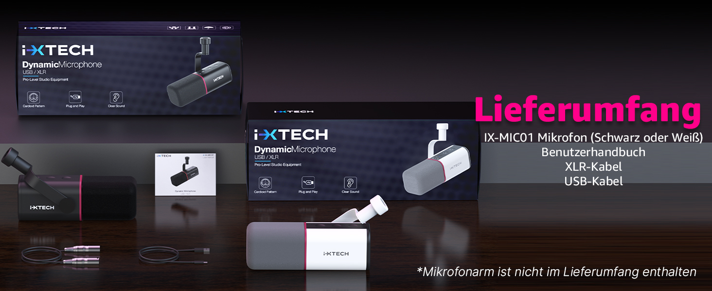 IXTECH Динамічний мікрофон з нирковою характеристикою RGB для студії, стримінгу та запису. USB/XLR, регулювання Gain, для подкастів та вокалу. Білий (M, Black)