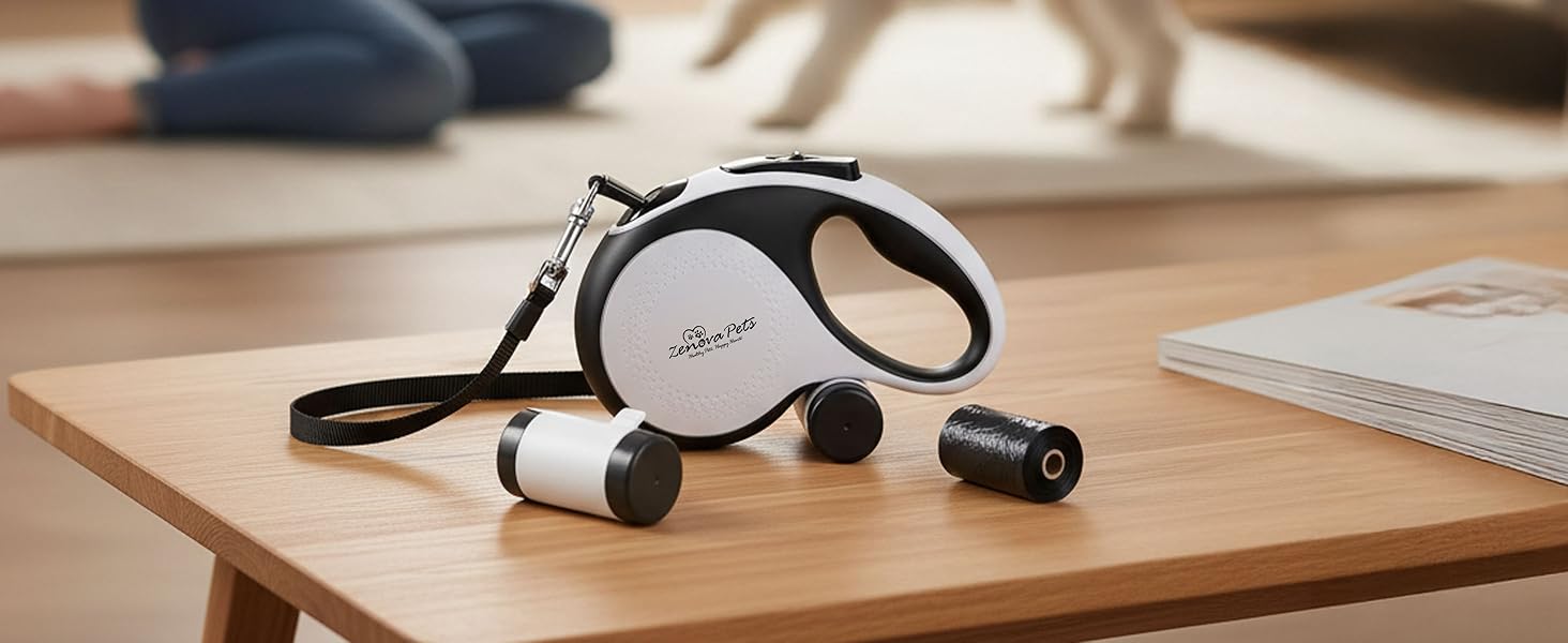 Рулетка для собак 5 м з тримачем для відходів – витяжна повідка для собак будь-якого розміру – повідка з нейлоновою стрічкою 360°, антиковзним руків'ям та кнопкою швидкого гальмування – повідка для собак до 30 кг