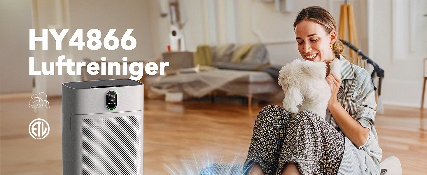 Повітряочисник MORENTO для алергіків з HEPA-фільтром, видаляє пил, пилок та шерсть тварин. CADR 300 м³/год, для кімнат до 100 м², LED-дисплей, 24 дБ, 2 фільтри в комплекті. Модель HY4866