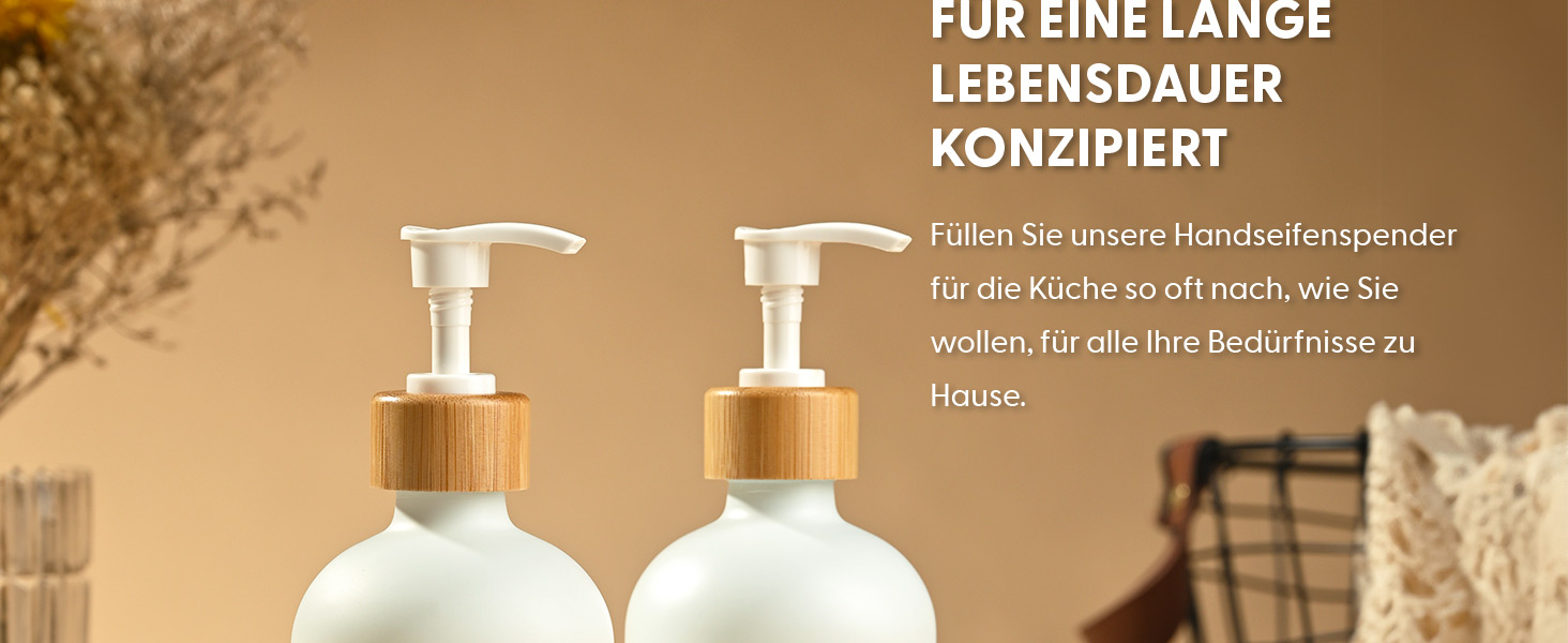 Набір дозаторів для мила та рідкого миючого засобу MaisoNovo | Скляні дозатори для ванної кімнати | 500 мл, білий колір, бамбукова помпа, 2 шт.