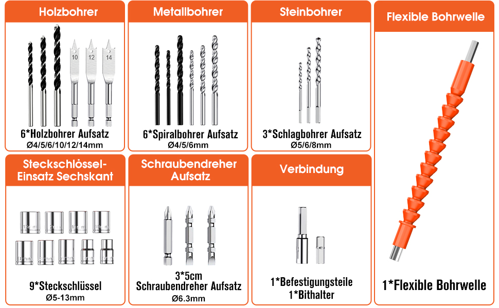 Акумуляторний шуруповерт AKZWOXRO 21V з 2 акумуляторами 2.0Ah, 42Nm, 2 швидкості, 25+3 ступені крутного моменту, патрон 10мм, LED, 30шт аксесуарів для дому та саду, помаранчевий колір