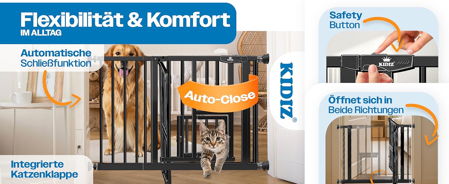 Захисне ворота KIDIZ для дітей з люком для котів, без свердління | Захист від падіння, поворотне, біле/помаранчеве, ширина 74-80 см