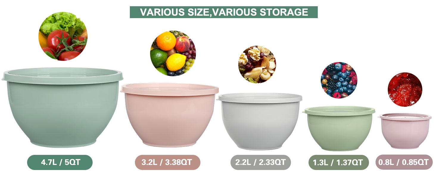 Набір салатниць з кришкою, набір мисок для перемішування з пластику, складні миски для кухні, великий набір мисок, сервіровочні миски ідеальні для змішування та подачі, BPA-free, світло-сірий