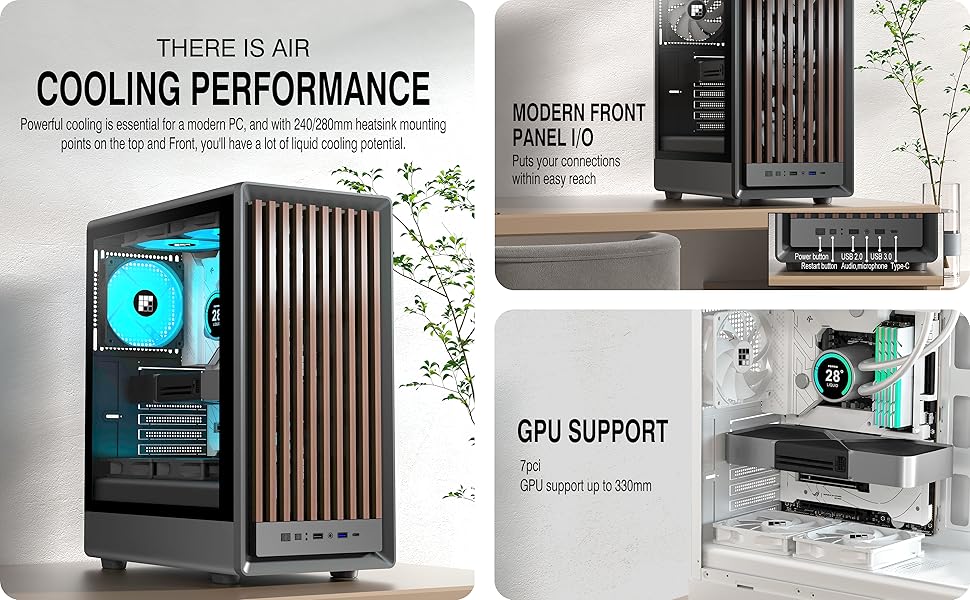 Корпус ПК FOIFKIN M1 з дерев'яною передньою панеллю з горіха, встановлений 4 PWM ARGB вентилятор, Mid-Tower для ігрового ПК, з Type-C, чорний (чорний, M1)