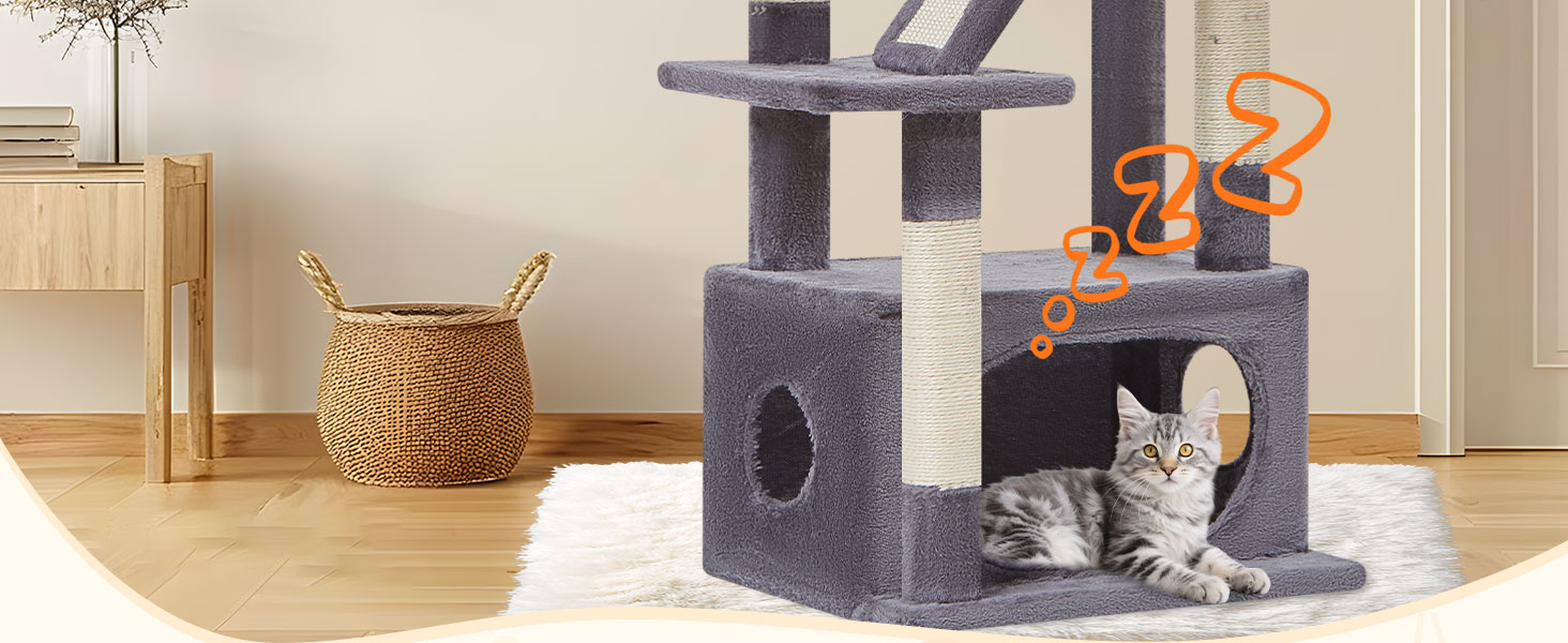Дерев'яний кігтеточки Taoqimiao Klein 98 см - котячий будиночок з корзиною та 4 стовпчиками, MS029SW (темно-сірий)