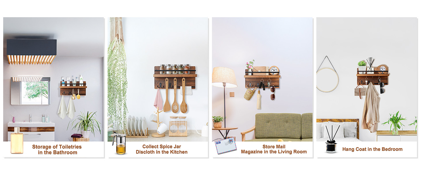 Настінна вішалка для ключів на 5 гачків, дерев'яна дошка для ключів з полицею, настінний органайзер для ключів, рустикальна вішалка для ключів, органайзер для ключів, декор для дому (колір: коричневий)