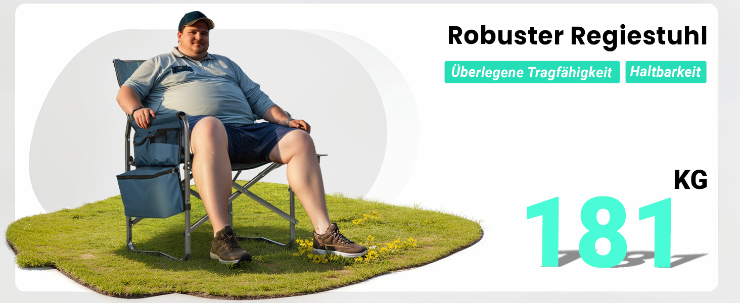 Кемпінговий стілець OVERMONT складний з бічним столиком та охолоджувальною сумкою, до 180 кг - блакитно-сірий