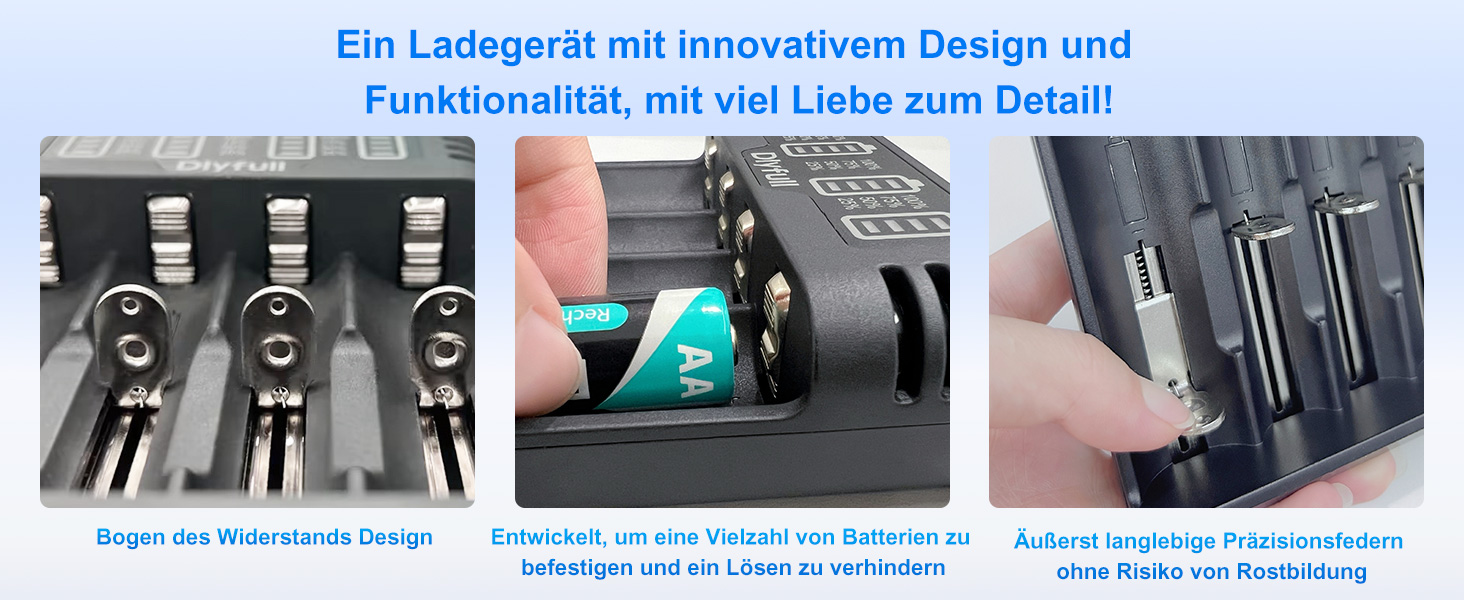 Зарядний пристрій Dlyfull для акумуляторів 18650, 4 слоти, USB-C, LED дисплей, швидка зарядка, сумісний з 18650, 21700, 17500, 16340, 26650, AA, AAA, C, 3.7V Li-Ion та 1.2V NI-MH/NI-CD