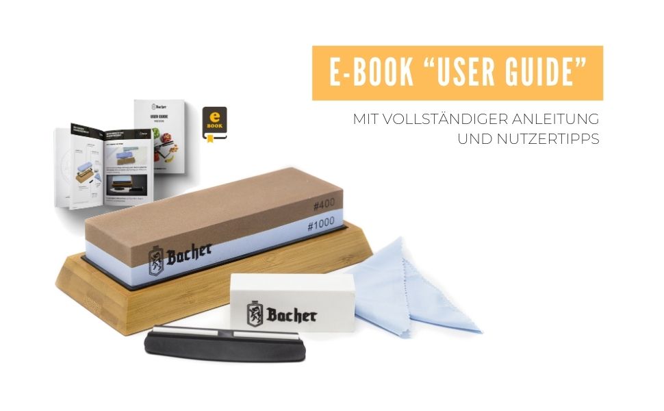 Преміум точильний камінь Bacher Schleifstein, двосторонній, зернистість 400/1000. Точило для ножів з бамбуковою підставкою, точильний камінь, допомога у заточуванні та детальна інструкція.