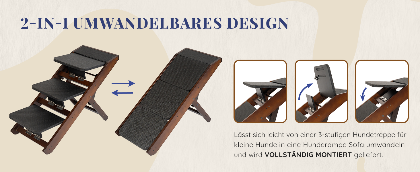 Сходинки для собак на ліжко та диван 2-в-1 - регульована рамка для собак, 18-50 см - для маленьких собак - легка переносна сходинка з платформою, натуральний колір (коричневий)