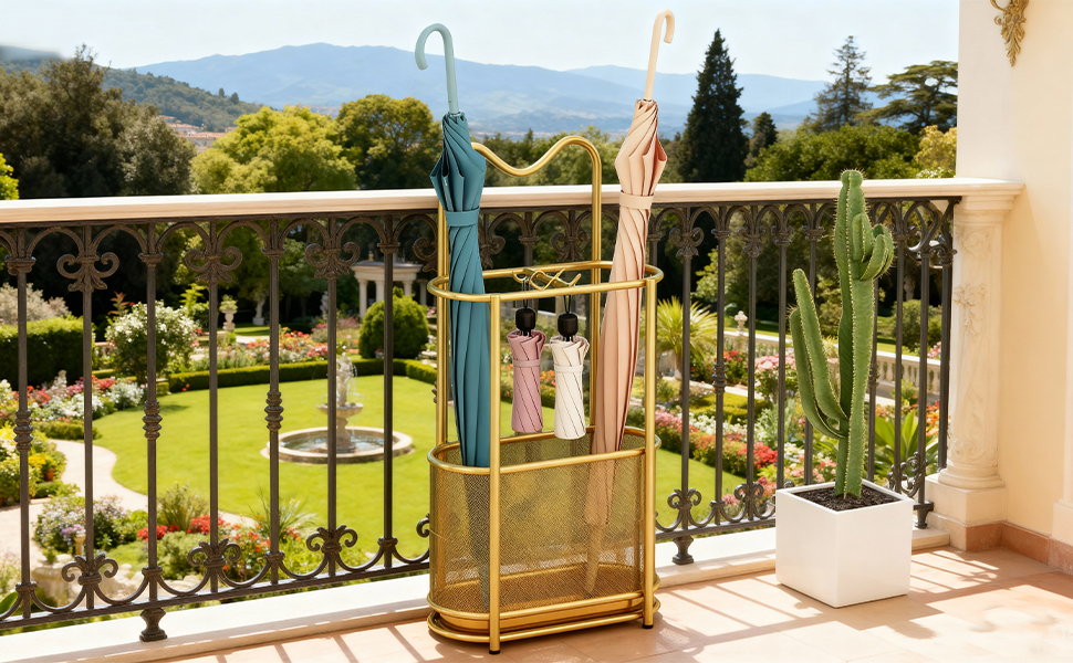 Металева підставка для парасоль та тростинок SINBINTA, з гачками та піддоном, для прихожого/входу (Золота)