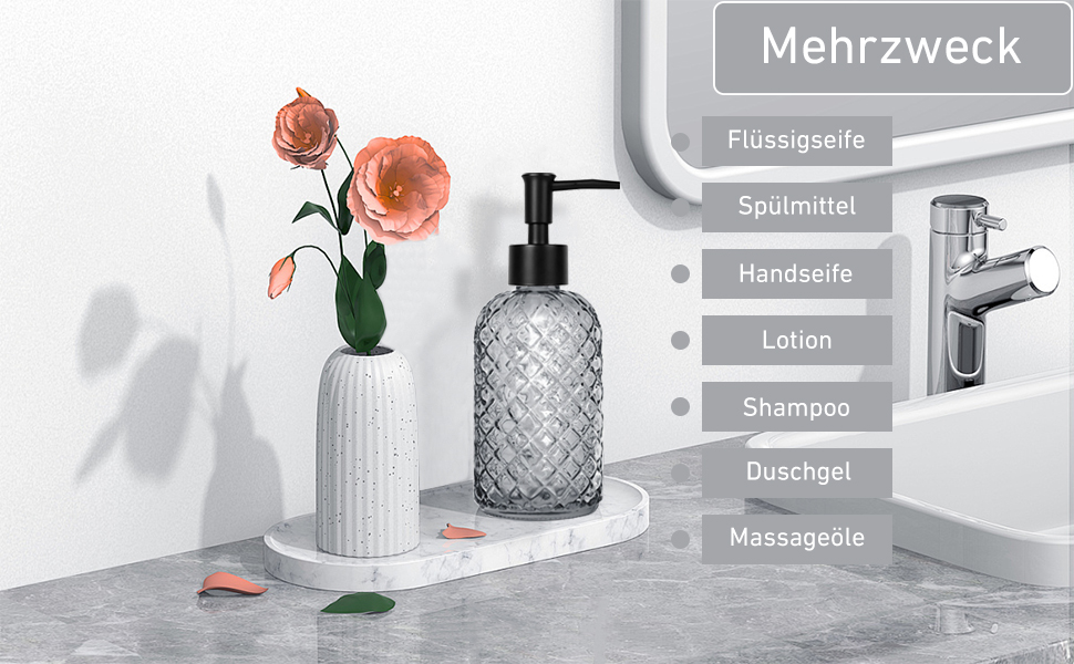 Скляний диспенсер для мила 500 мл з хвильовим дизайном для ванної кімнати та кухні, з чорним насосом, дерев'яними етикетками та воронкою (Charcoal, сірий)