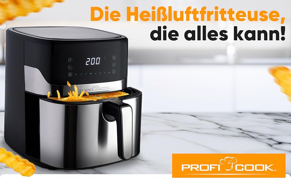 Фритюрниця ProfiCook® Heißluftfritteuse 6.5L з нержавіючої сталі | Airfryer з 8 програмами | Без масла та жиру | 80°C - 200°C | Модель 2025