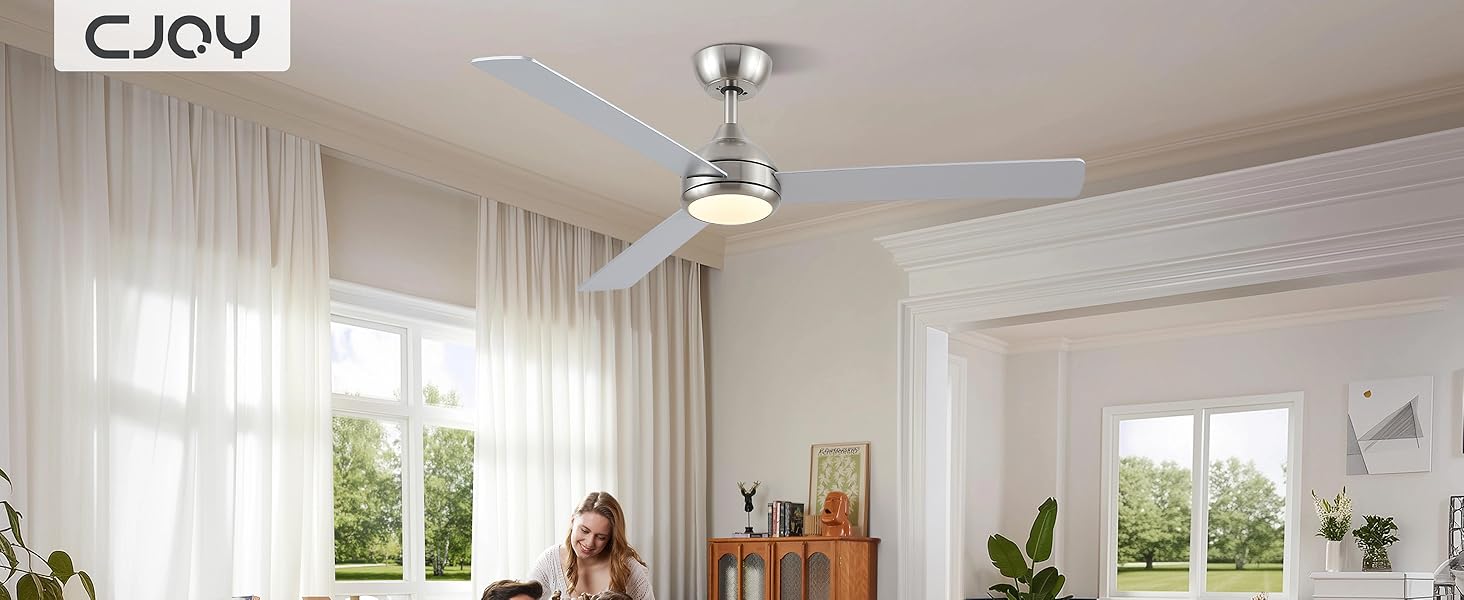 Стеляний вентилятор CJOY з підсвічуванням, 107 см, з пультом керування, тихий, DC, реверсивний, пам'ять 3CCT, диммування, 6 швидкостей, таймер для спальні (132 см - срібний)