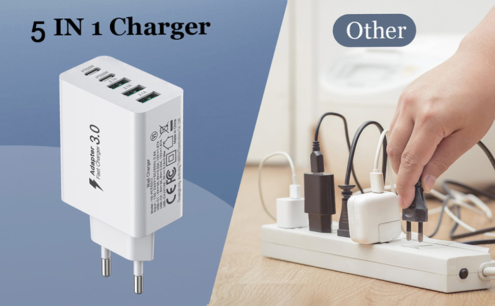 Зарядний пристрій USB-C 50W, 5 портів: 2 USB-C + 3 USB-A, Fast Charge PD 3.0, сумісний з iPhone, Samsung, планшетами - Білий