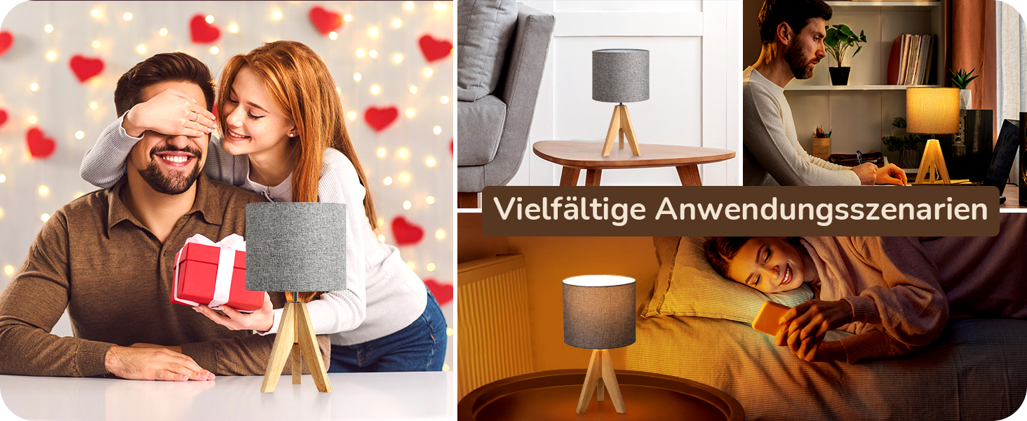 Торшер EDISHINE (2 шт.) з дерева, LED, бежевий абажур з льону, патрон E27, з лампою, вінтажний, для спальні, вітальні, подарунок (сірий)