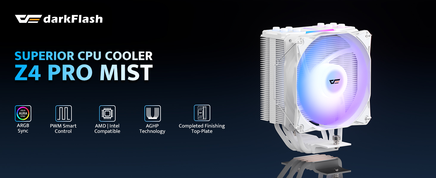 Кулер для процесора darkFlash Z4Pro Mist, 120 мм, TDP 200W, 4 теплові трубки, ARGB PWM, білий (Intel LGA115x/12xx/17xx, AMD AM4/AM5)