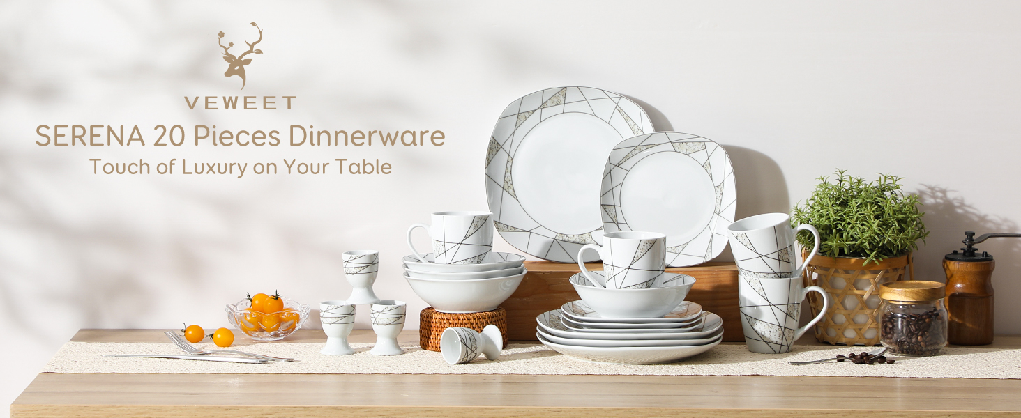 Набір посуду VEWEET 'Serena' з порцеляни, 24 елементи | 6 тарілок для сніданку, десерту, обіду та супу | Сервіз для 6 осіб, ресторану, сім'ї (білий)