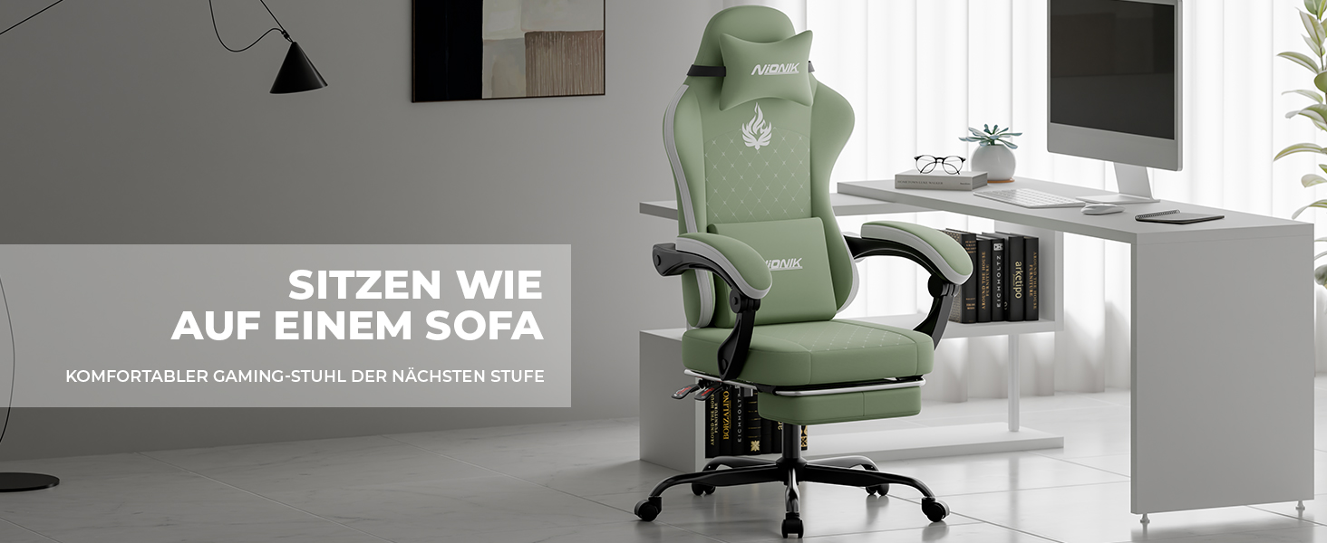 Геймерське крісло Ergonomischer Bürostuhl з підставкою для ніг та підтримкою попереку, регульоване по висоті для дому, офісу, кіберспорту та стрімінгу (Зелено-біле)