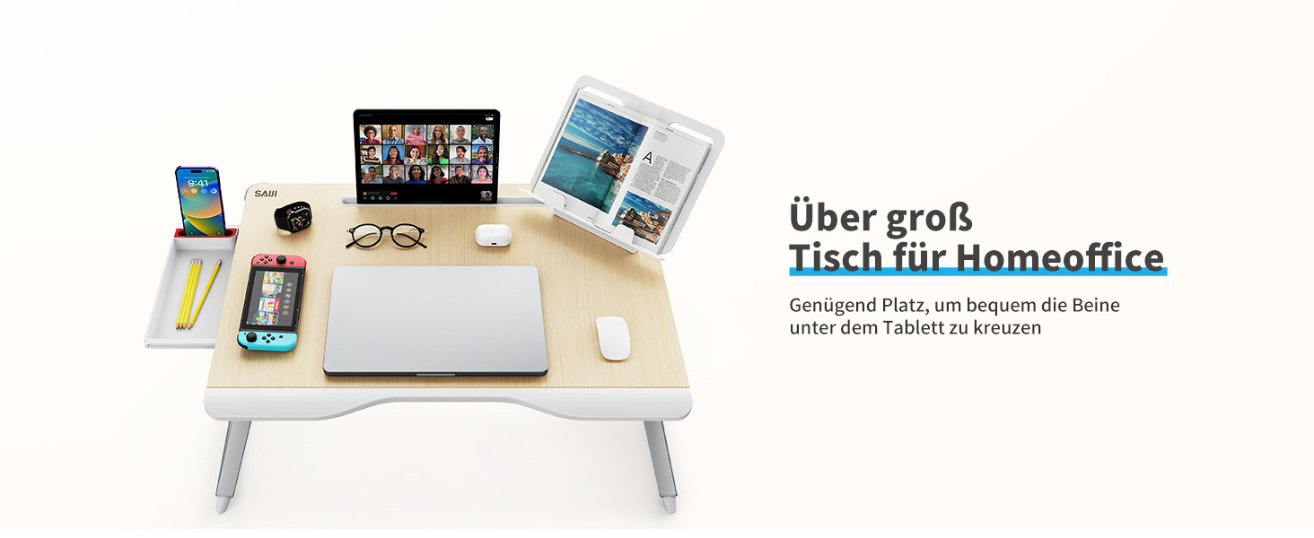 SAIJI Розкладний столик для ноутбука та планшета XXL з ящиком та підставкою для книг/телефону (65 x 49 x 30 см, Тік)