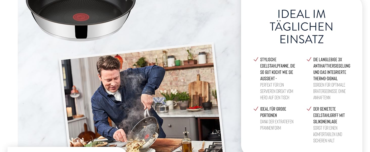 Сковорода Tefal Jamie Oliver Cook's Classics 28 см, індукційна, антипригарна, з термоіндикатором, нержавіюча сталь