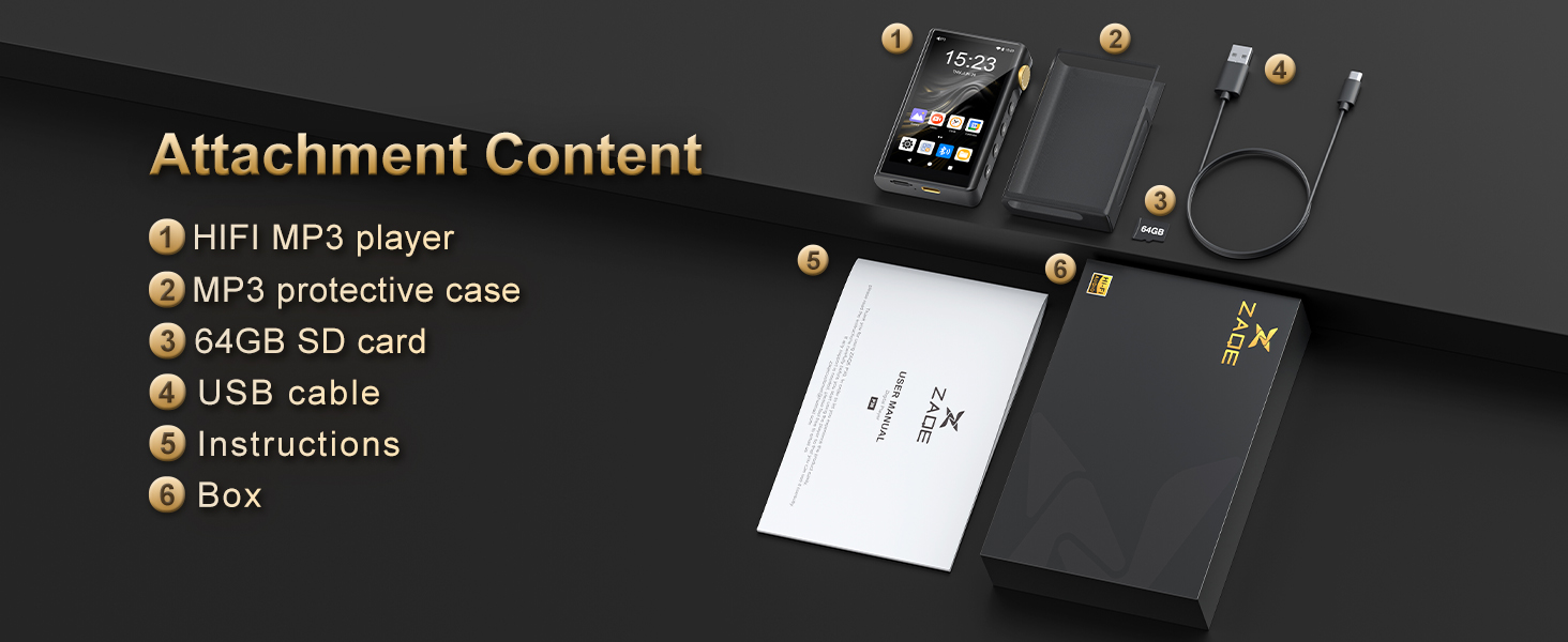 HiFi MP3 плеєр ZAQE з Bluetooth та WiFi, Android 12, Lossless DSD DAC, підтримка Flac, 64GB карта пам'яті (до 512GB), чорний