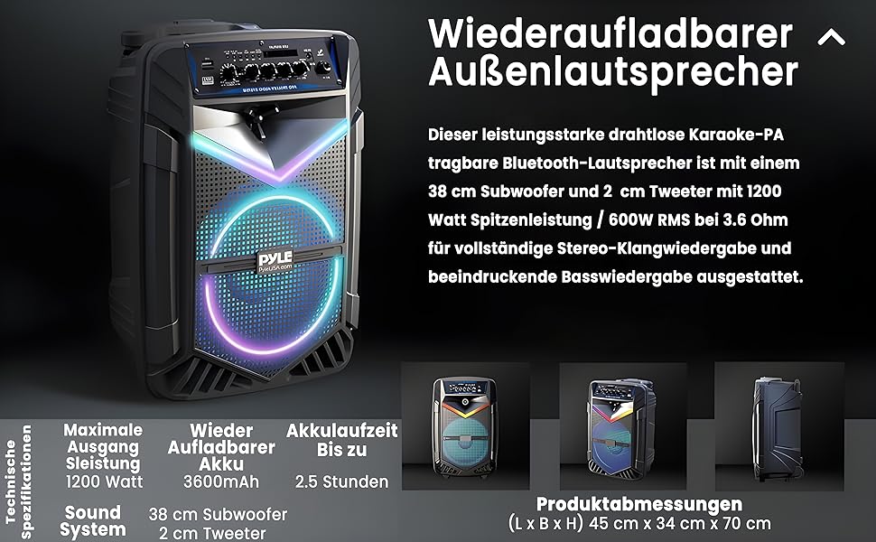 Pyle PA Bluetooth Гучномовець – Караоке Машина з Мікрофоном, 400W, Музична Система, Partybox, Акумуляторний, 8” Сабвуфер, 1” Твітер, Функція Запису, Підсвічування, USB/SD-Радіо