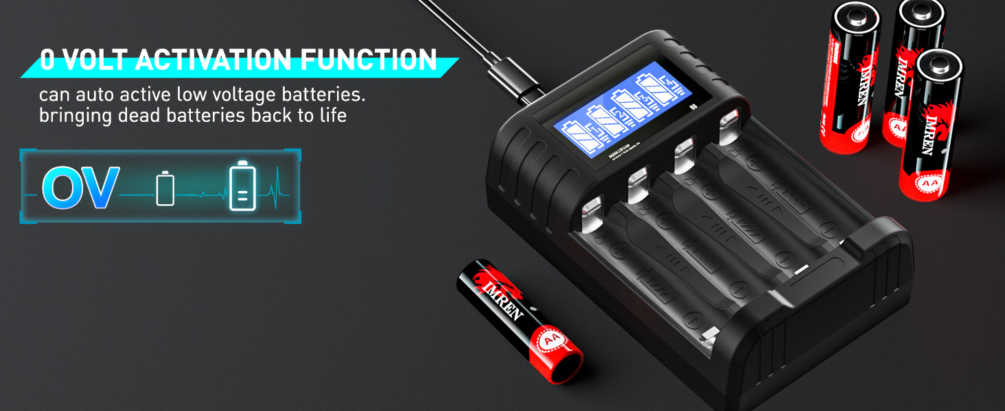 Зарядний пристрій IMREN для акумуляторів AA/AAA з 4 слотами, LCD дисплеєм та USB-C, 5V/2A, для NiMH/NiCD та Li-ion батарей