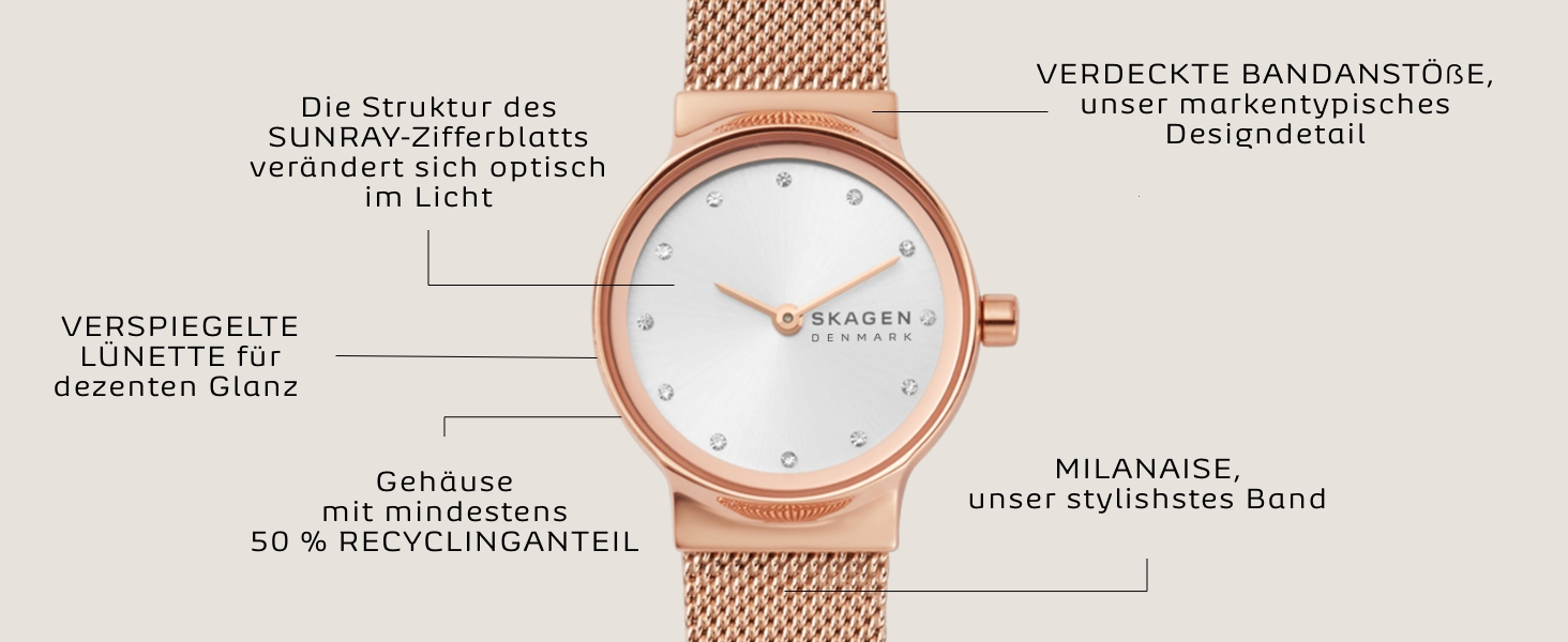 Жіночий кварцовий годинник Skagen Freja Lille 26 мм, сріблястий з золотистими елементами, сталевий або шкіряний ремінець