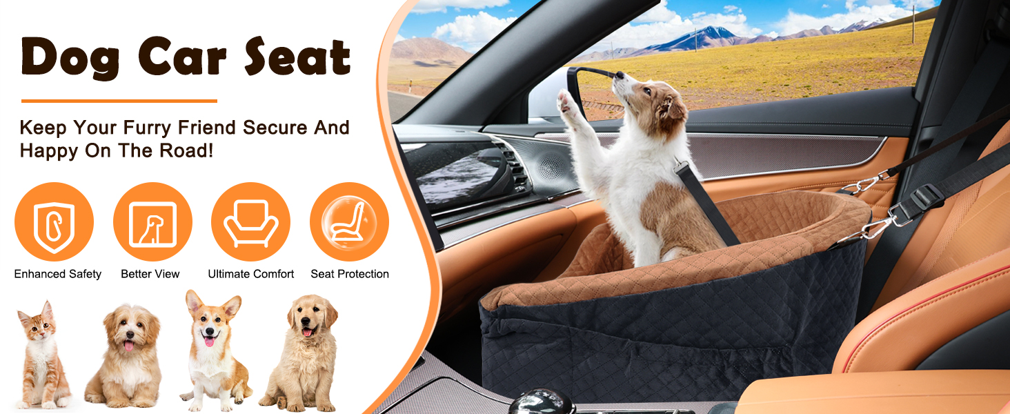 Elevated Dog Car Seat - Washable & Removable for Small & Medium Dogs (Up to 13.6KG) with Storage Pockets & Safety Belt - Black & Brown