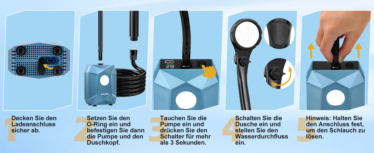 Портативна душова кабіна WADEO з акумулятором, помпою та підсвічуванням, 120 хвилин роботи, LED-ліхтар, мобільний душ-сет з 2м шлангом, душовою насадкою, тримачем та відром для саду, миття автомобіля, домашніх тварин, пляжу, подорожей (Блакитний, з відром 20л)