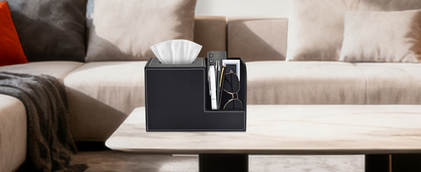 Організатор для серветок з шкіри, коробка для тканинних серветок, квадратна, з тримачем для пульта, чорний