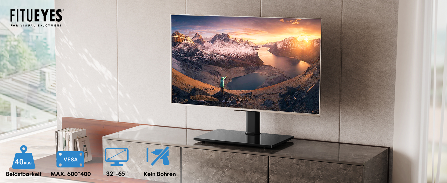 FITUEYES Adjustable TV Stand for 32-65 Inch TVs - Swivel & Height Adjustable - VESA 600x400 - White/Black
