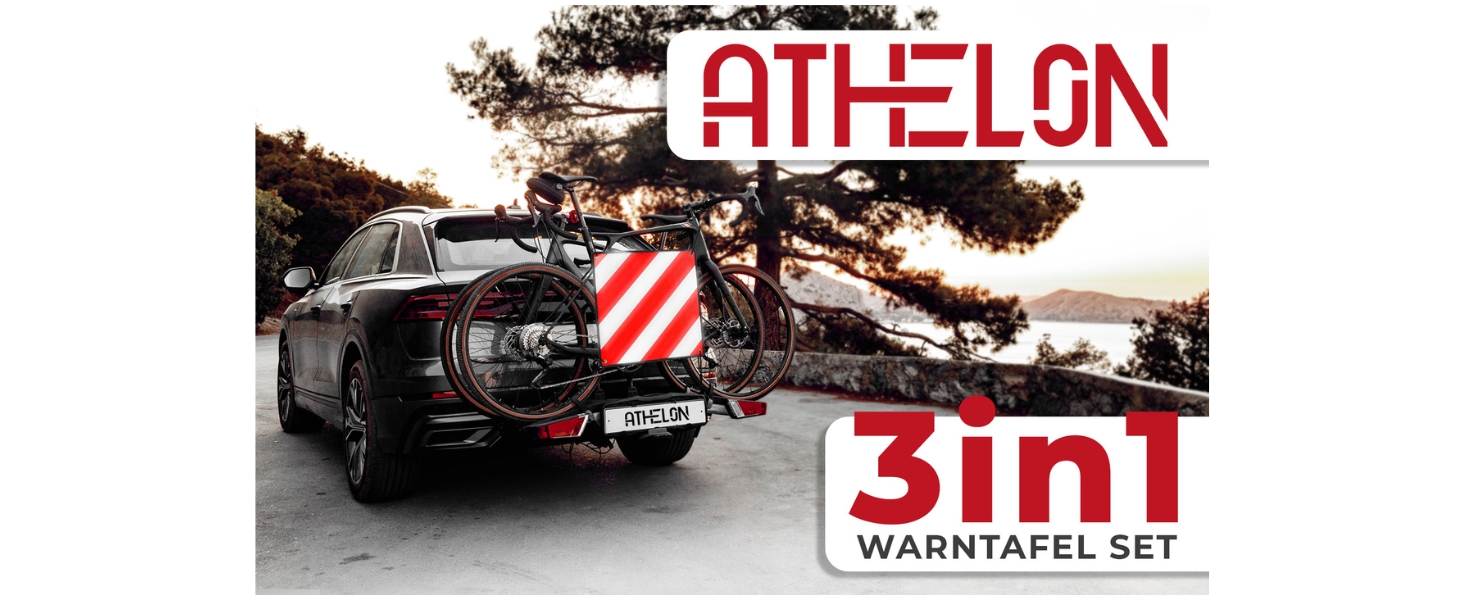 ATHELON 3в1 попереджувальний знак для Італії, Іспанії та Португалії – відбивний знак для велосипедного багажника, в комплекті 4 ремені, преміум якість (Warntafel + гумові кріплення)