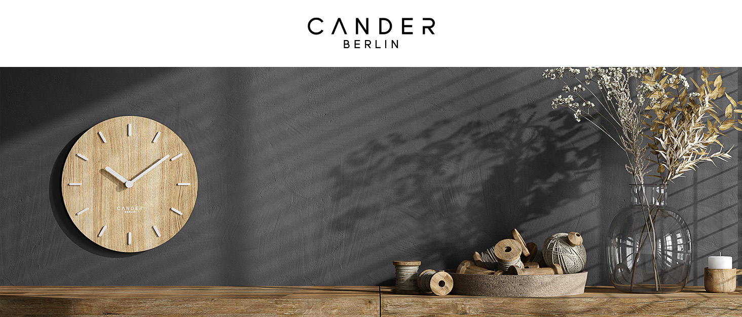 Стіна година Cander Berlin MNU 2630 S, 30 см, безшумна, аналогова, чорна, вінтаж, дерев'яні стрілки, для вітальні, сучасний дизайн