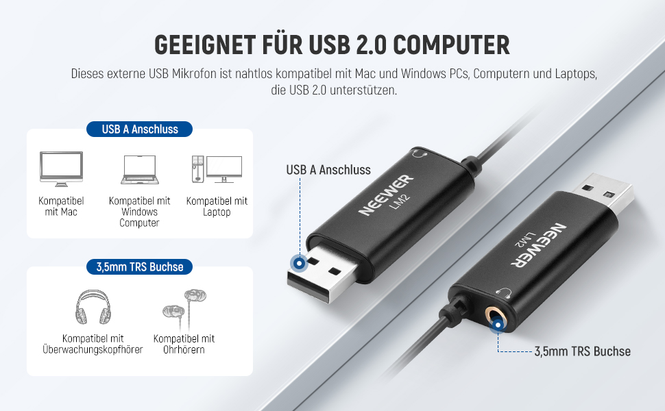 Мікрофон NEEWER USB LM2: Мініатюрний петличний мікрофон з кабелем 3,5м для ПК, ноутбука, Mac, YouTube, Skype, Podcast, Gaming, відеоконференцій