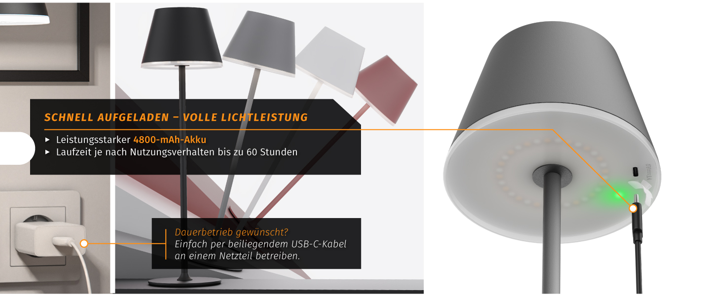 LED настільна лампа CSL з акумулятором - бездротова, сенсорна, димування, 3 кольори світла, метал, великий акумулятор, для дому та вулиці, колір антрацит