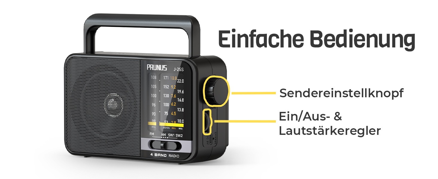 Радіоприймач PRUNUS J-25S FM/AM/SW: Портативне радіо на сонячній батареї з акумулятором 1800mAh, великий динамік, чудовий прийом, просте радіо для літніх людей