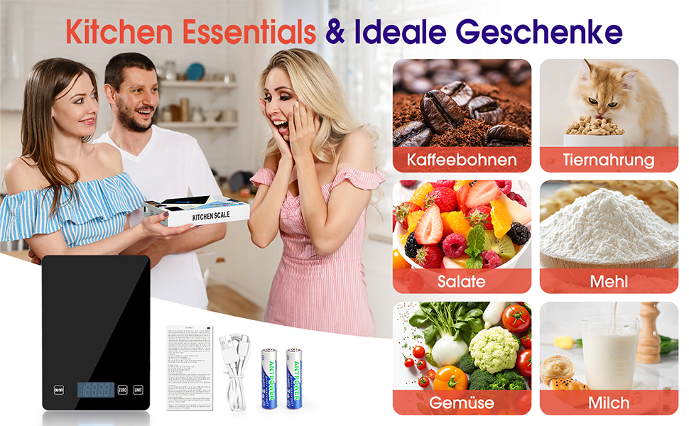 Кухонні ваги цифрові 15 кг, перезаряджувані, з LCD-дисплеєм та функцією тарування, водонепроникні, преміум-якість, чорний колір