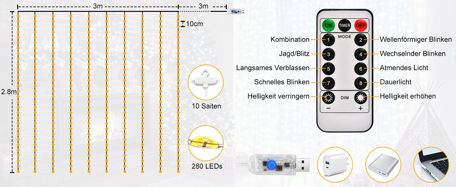 Льодогенератор 3Mx3M з 300 LED, USB, 8 режимів, пульт, таймер, вологостійкий, для дому, вечірки, свят (білий, ірис)