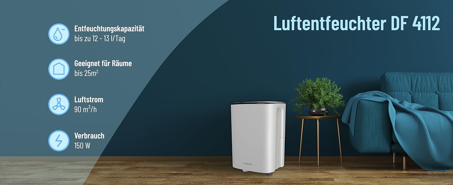 Noaton® DF 4212: Електричний осушувач повітря 13,2 л/24г з відводом, автовимкненням, тихий, для 45 м², таймер, бак 2,1 л, для квартири, підвалу