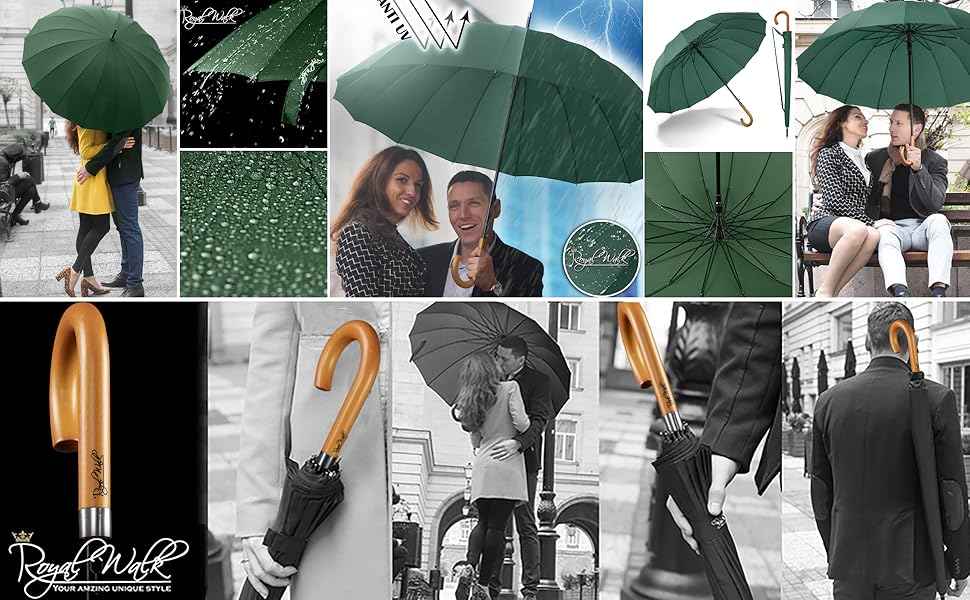 Royal Walk Automatic Travel Golf Umbrella - 54 Inch/137cm - Windproof, Waterproof, Large Size for 2 People - Classic Design, Wooden Handle, Unisex