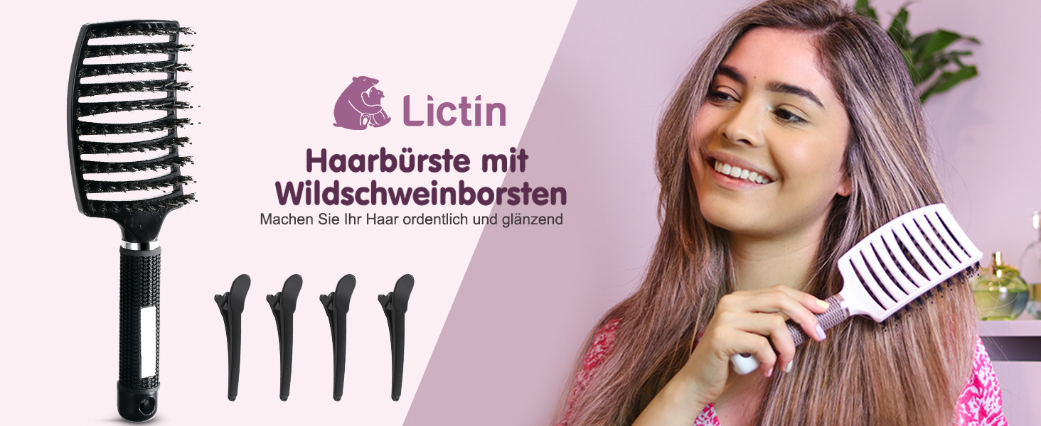 Щітка для волосся Lictin з щетиною дикого кабана (2 шт.) - для жінок, чоловіків та дітей. Розгладжує, не тягне, підходить для кучерявого та довгого волосся. Антистатична, з 4 зажимами. Чорний+Білий