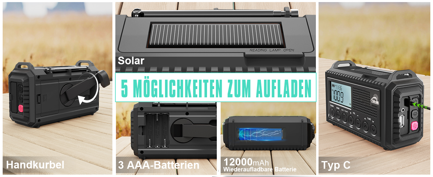 Радіо на механічній ручці з сонячною панеллю та Powerbank 12000mAh | FM/AM/SW радіо для екстрених ситуацій, зарядка USB-C, SOS-сигнал, ліхтарик та лампа для читання | Водонепроникне, портативне радіо для кемпінгу, туризму, чорне