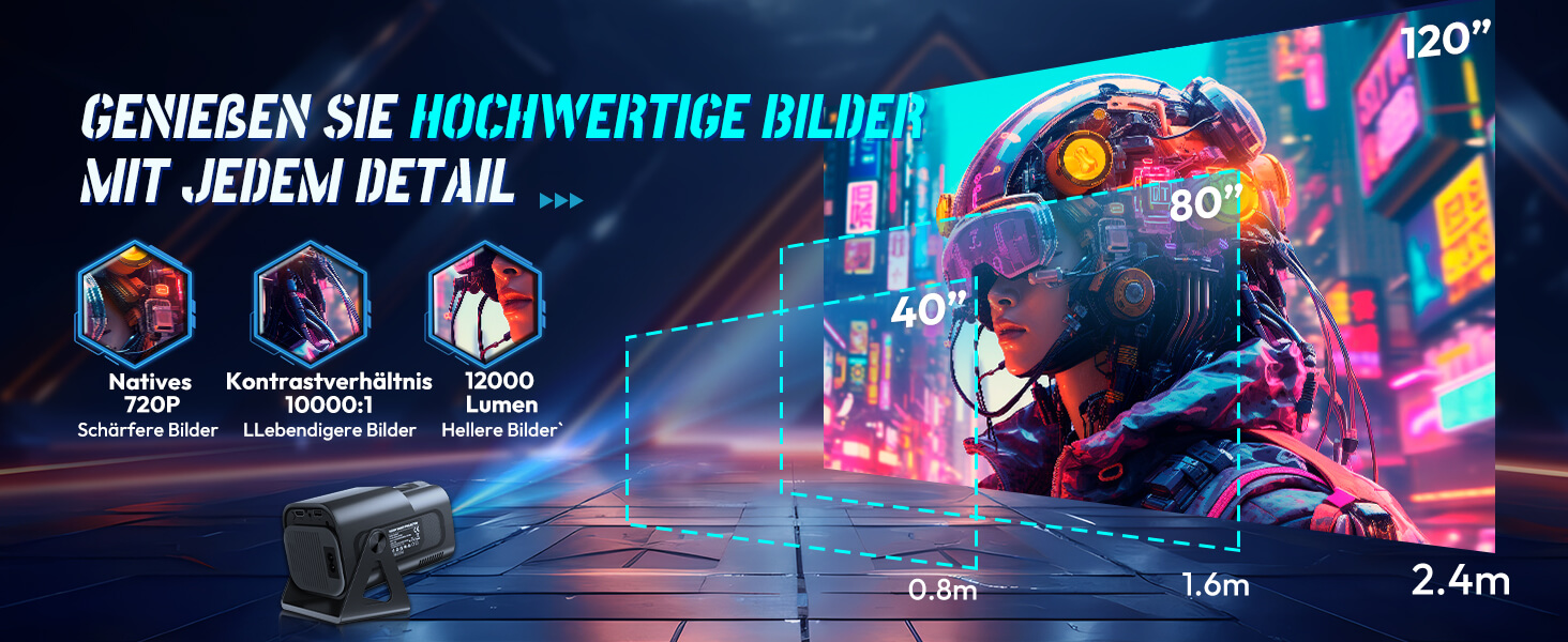 Проектор Xgody Gimbal 3: 12000 Люмен, Android 11.0, 4K, WiFi 6, Bluetooth, Автоматична корекція трапецеїдальних спотворень, для домашнього кінотеатру (білий/чорний)