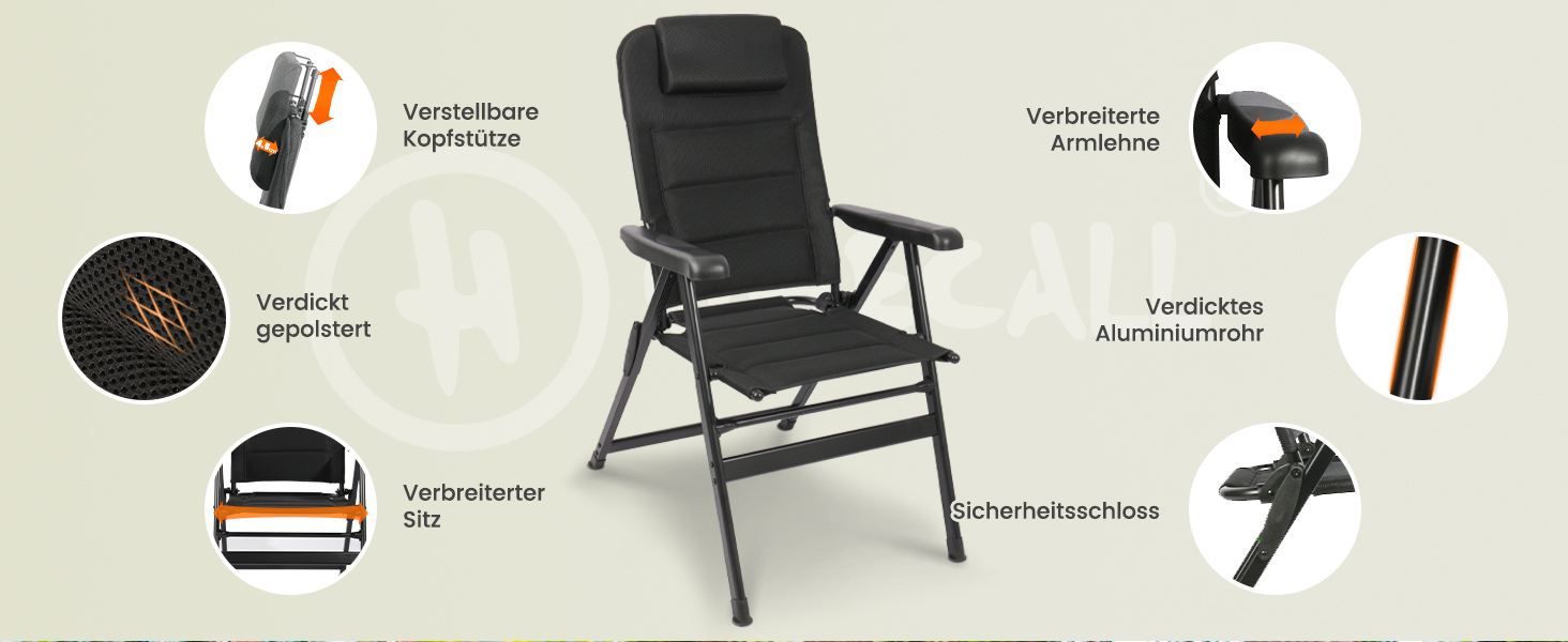 Крісло для кемпінгу Homecall складне, 150 кг, для саду, балкону, риболовлі, чорне, з регульованою спинкою та підлокітниками